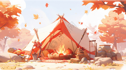 秋天森林中的卡通露营帐篷与篝火图片