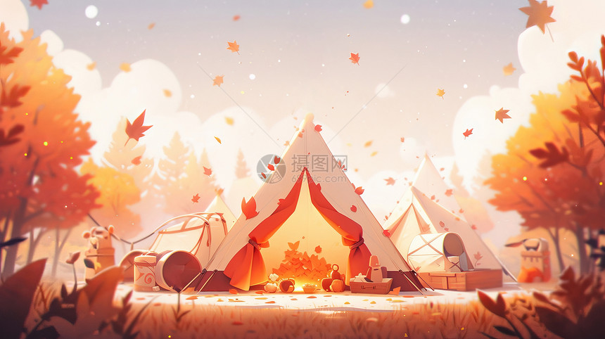 秋天在飘满落叶的卡通森林中的露营帐篷图片