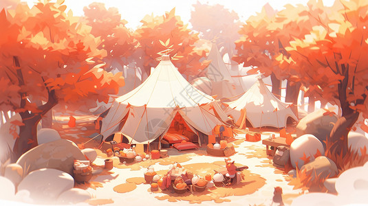秋天在橙色森林中的多个卡通露营帐篷高清图片