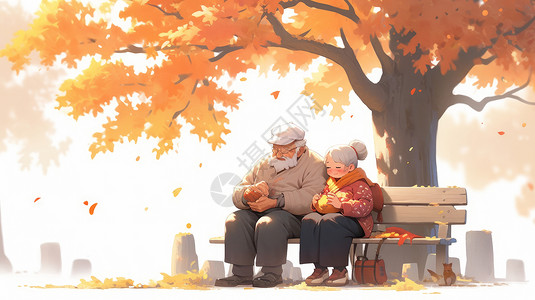 九九重阳节文字秋天坐在老树下休息的卡通老爷爷和老奶奶插画