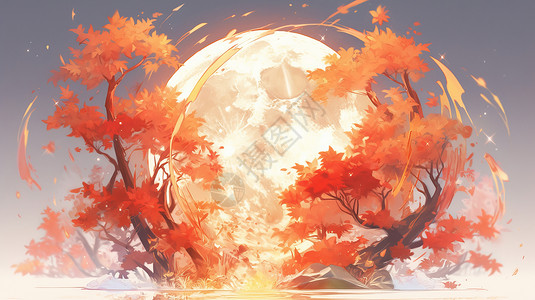 躲在橙色树后圆圆的卡通月亮背景图片