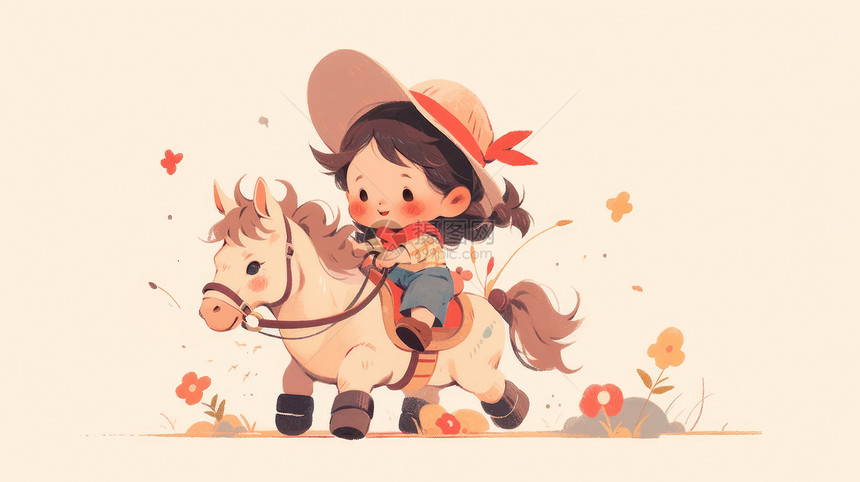 戴着帽子骑马奔跑的卡通小女孩图片