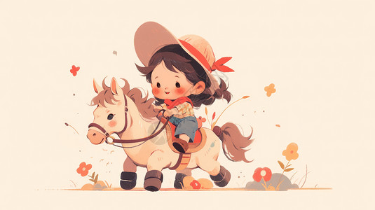 戴着帽子骑马奔跑的卡通小女孩背景图片