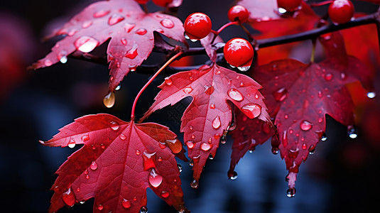 树叶树枝与水滴沾满水滴的枫树叶插画