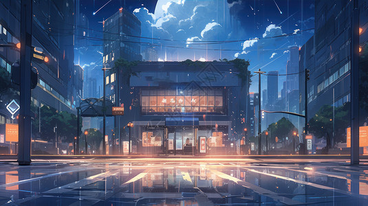 夜晚雨中灯火通明的卡通商店背景图片