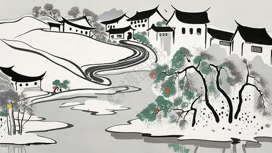 中式极简极简黑白山水中式古建筑插画