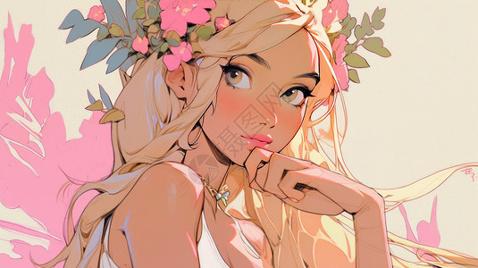 头戴粉色花朵金色长发卡通女孩图片