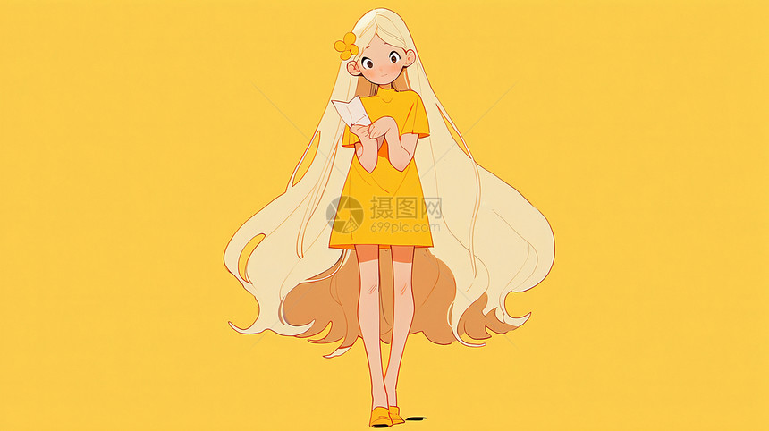 头戴一朵漂亮的小花金色长发可爱的卡通女孩艺术图片