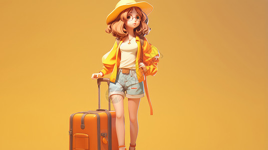 穿黄色外套拉着旅行箱去旅行的卡通女孩背景图片