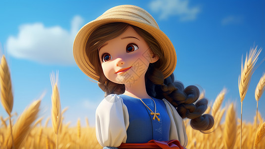 戴着草帽站在金黄色麦子地中看向远方的可爱卡通女孩背景图片