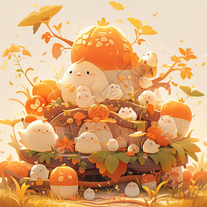 秋天可爱的卡通小精灵们与金黄色丰收的果实背景图片