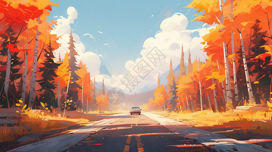 秋天行驶在公路上一辆卡通汽车图片