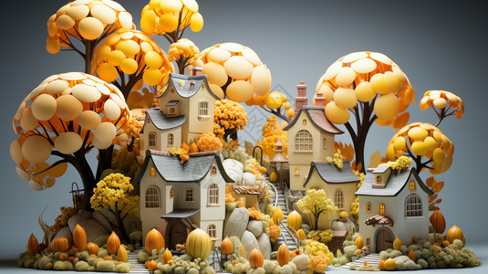 立体装饰小装饰秋天可爱的立体卡通小房子与金黄色的树插画
