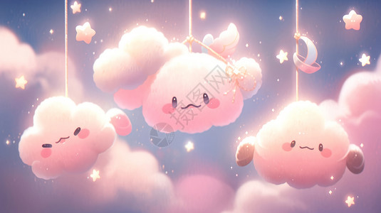 挂在天上粉色可爱的卡通云朵背景图片