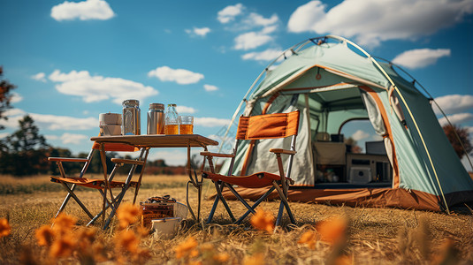 淡绿色草地拍摄秋天在野外露营淡绿色的帐篷与休闲装备插画