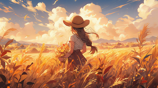 秋天傍晚站在麦子地中戴着帽子的长发卡通女孩背影图片