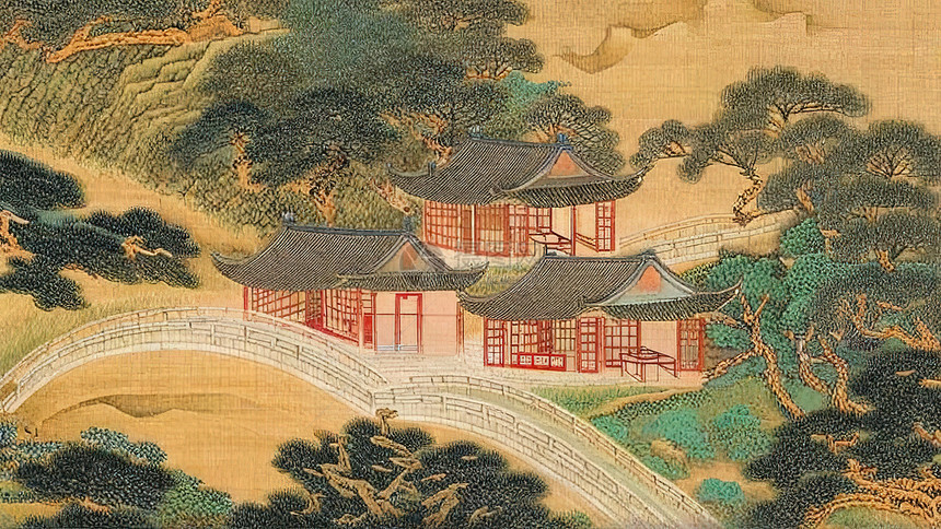 中国风古代宅院大院水彩古风画图片