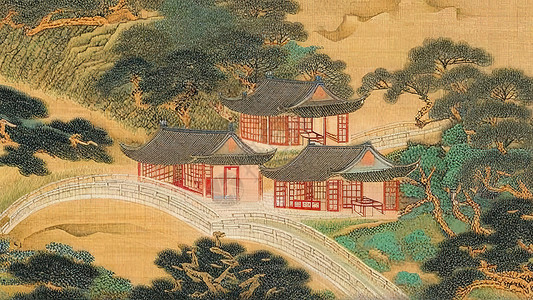 中国风古代宅院大院水彩古风画背景图片