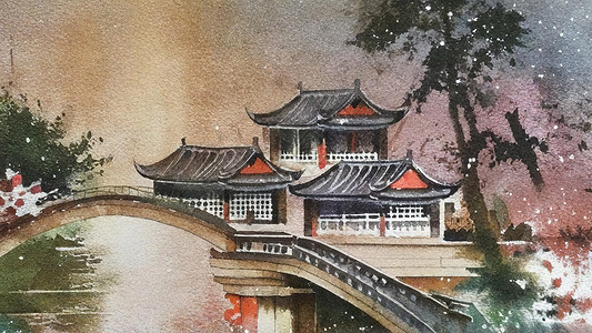 古代宅院大院水彩中国古风画高清图片