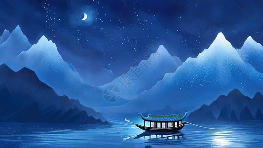 夜色下湖泊上的小船图片