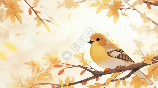 秋天落在树枝上漂亮的黄色卡通小鸟背景背景图片