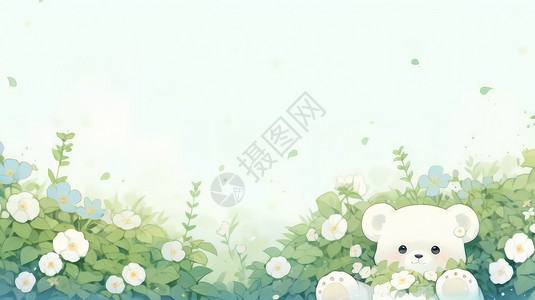 藏在花丛中的可爱卡通小白熊卡通背景背景图片