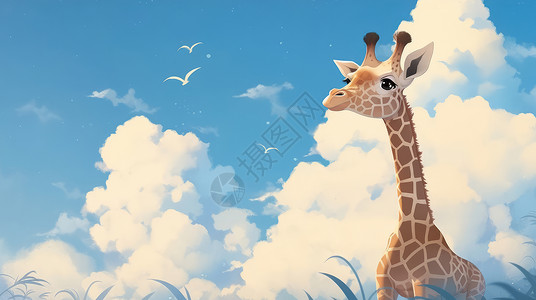 草地上长颈鹿蓝天白云下一只可爱的卡通长颈鹿卡通背景插画