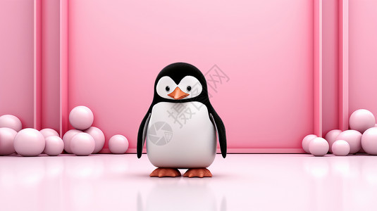 站在粉色背景前可爱的卡通企鹅图片