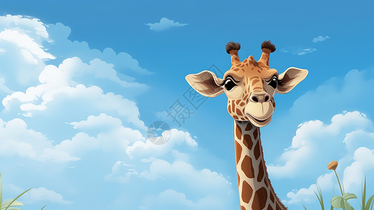 在蓝天白云下可爱的长脖子卡通长颈鹿背景图片