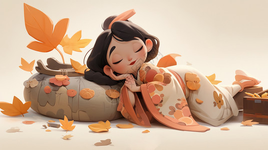 秋天躺在地上酣睡的可爱卡特亚古风女孩高清图片