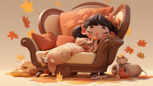 大美青海湖秋天在大沙发椅上玩耍的可爱卡通小女孩插画