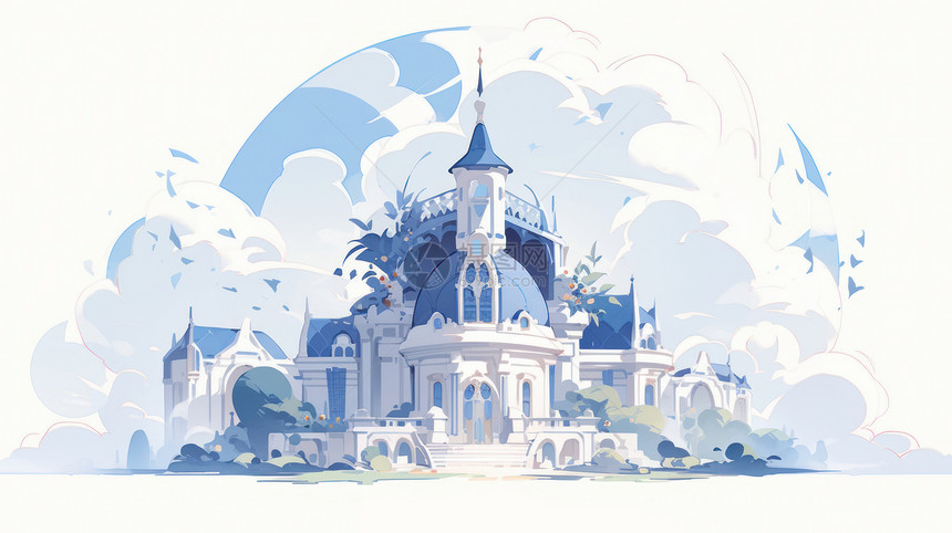 蓝色调扁平风欧式卡通城堡图片