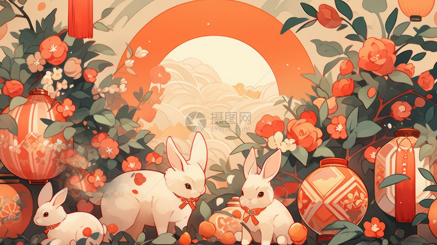 可爱的卡通小白兔们在花丛中一起过中秋节图片