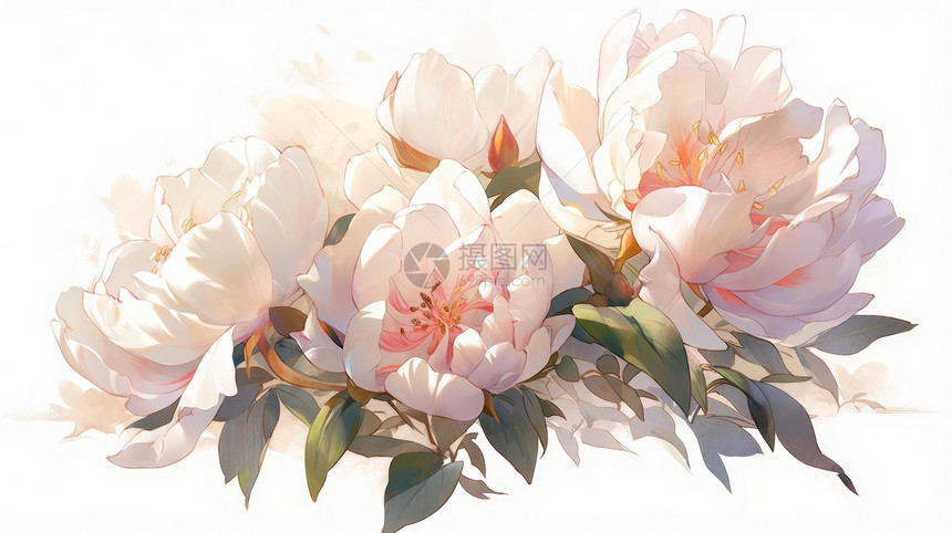 几朵华丽盛开的淡粉色卡通牡丹花图片