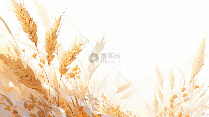秋天谷粒饱满的卡通麦子地图片