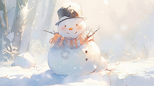 雪地中微笑的可爱卡通小雪人背景图片