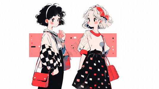 两个背红色包可爱时尚的卡通短发女孩高清图片