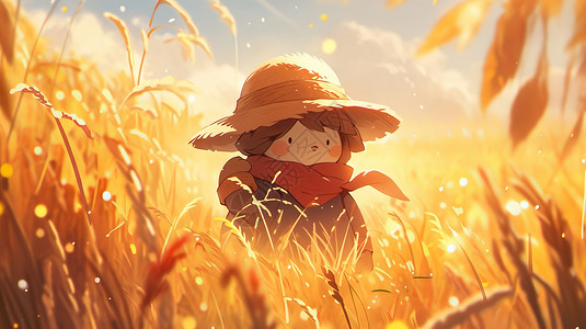 卡通稻草站在金黄色稻子地中戴着草帽的卡通形象插画
