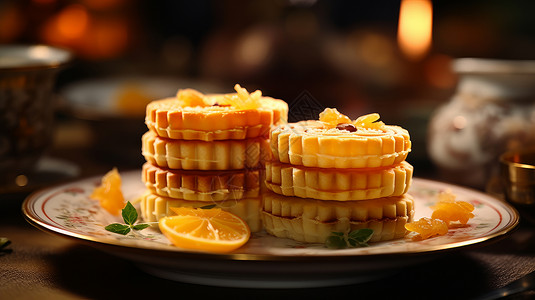一盘橘子一盘叠在一起的美味的月饼插画