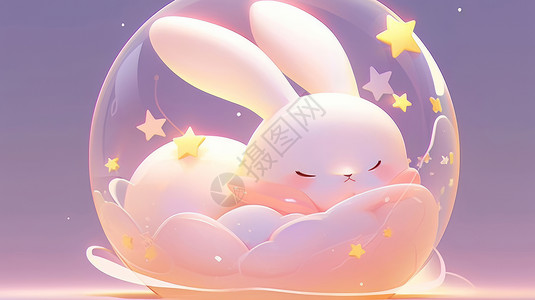 可爱的卡通小白兔在透明气泡中酣睡图片素材