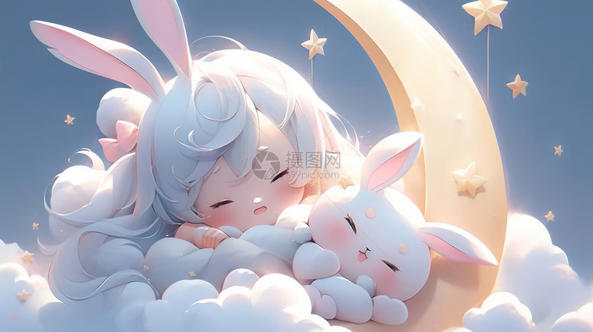 趴在月牙上与可爱的卡通兔子一起睡觉的卡通兔子女孩图片