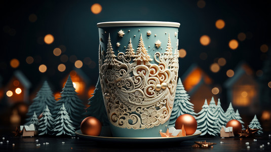 圣诞树立体漂亮的雕花咖啡杯背景图片