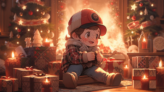 圣诞节坐在礼物旁开心的卡通小男孩图片