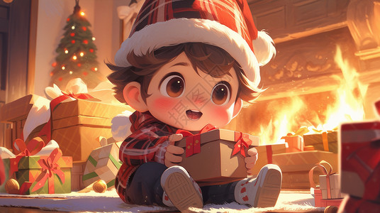 圣诞节抱着礼物盒子戴着圣诞帽开心笑的卡通小男孩图片