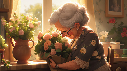 抱着粉色玫瑰的白发卡通老奶奶背景图片