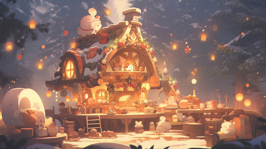 冬天夜晚温馨的卡通圣诞屋背景图片