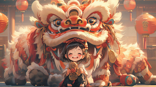 坐在喜庆的红色舞狮面前开心笑的可爱卡通女孩图片