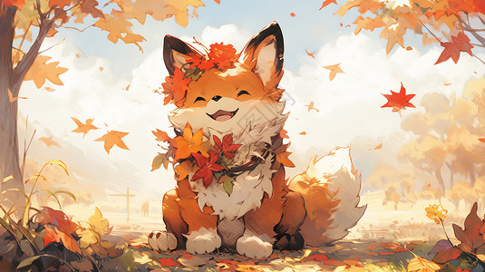 秋天在树下一只可爱的卡通小狐狸图片