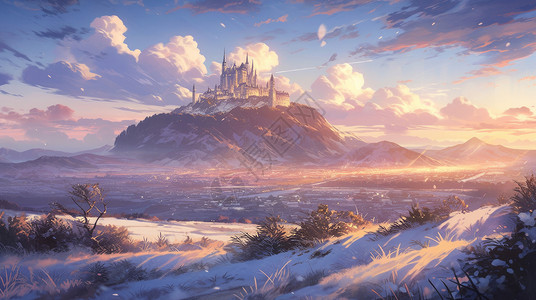 冬天远处的梦幻复古卡通城堡背景图片