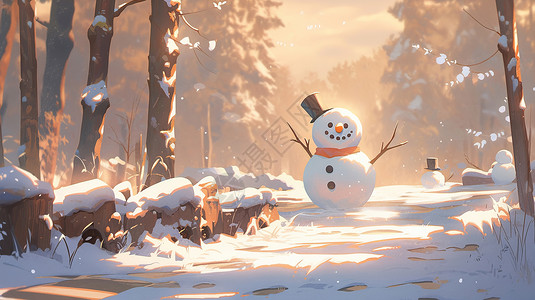 冬天森林雪地中可爱的卡通小雪人图片